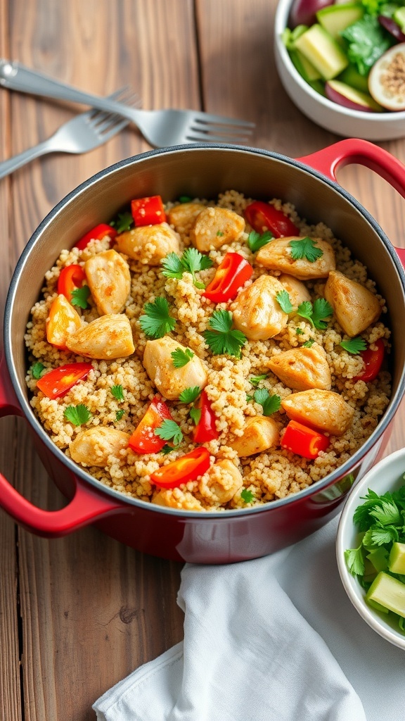 One-pot quinoa chicken with bell peppers and parsley on a wooden table.
